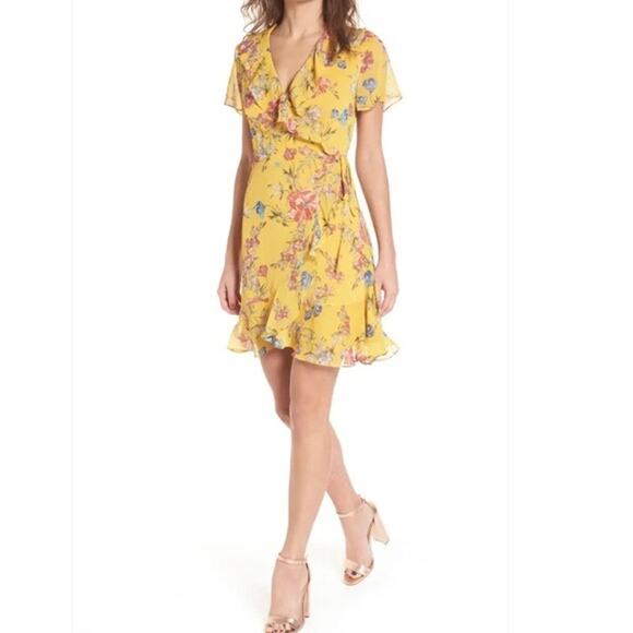 Lush Dresses & Skirts - Lush Floral Ruffles Short Sleeve Wrap Dress Size XL Yellow Multi